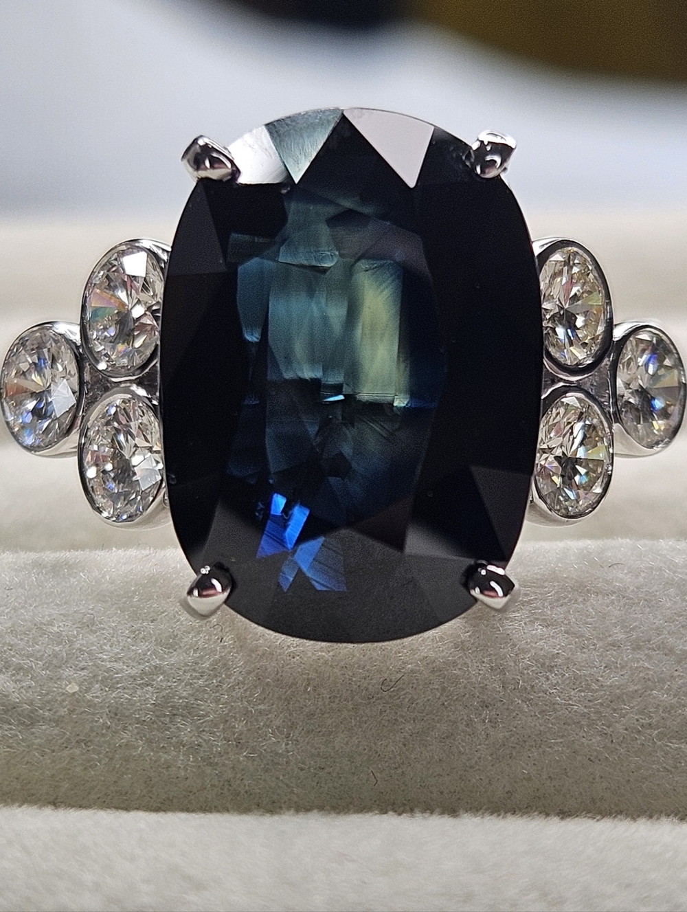 Certified 14k White Gold 14.53ct. Blue Teal Sapphire And 0.98ct. Diamond Ring